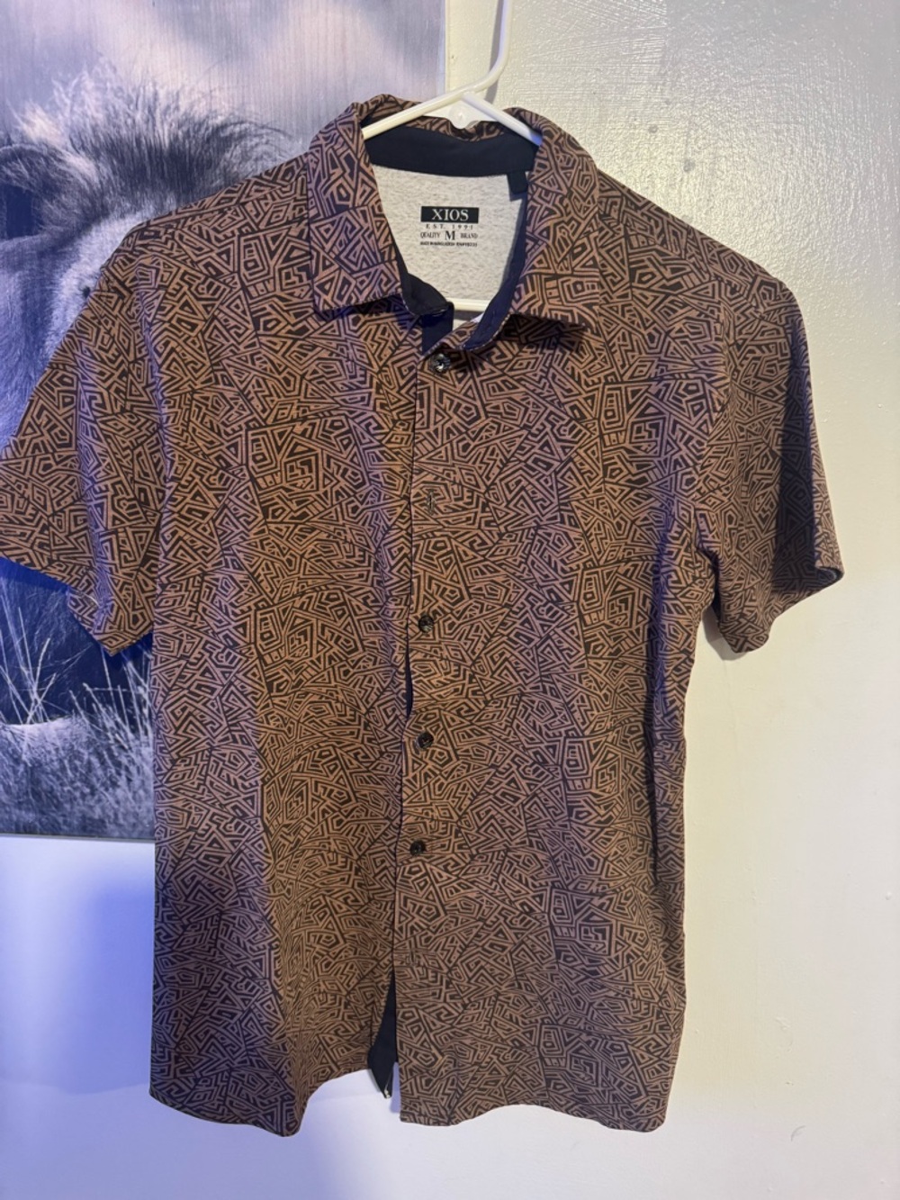 Brown Geometric Short-Sleeve Button-Down Shirt
